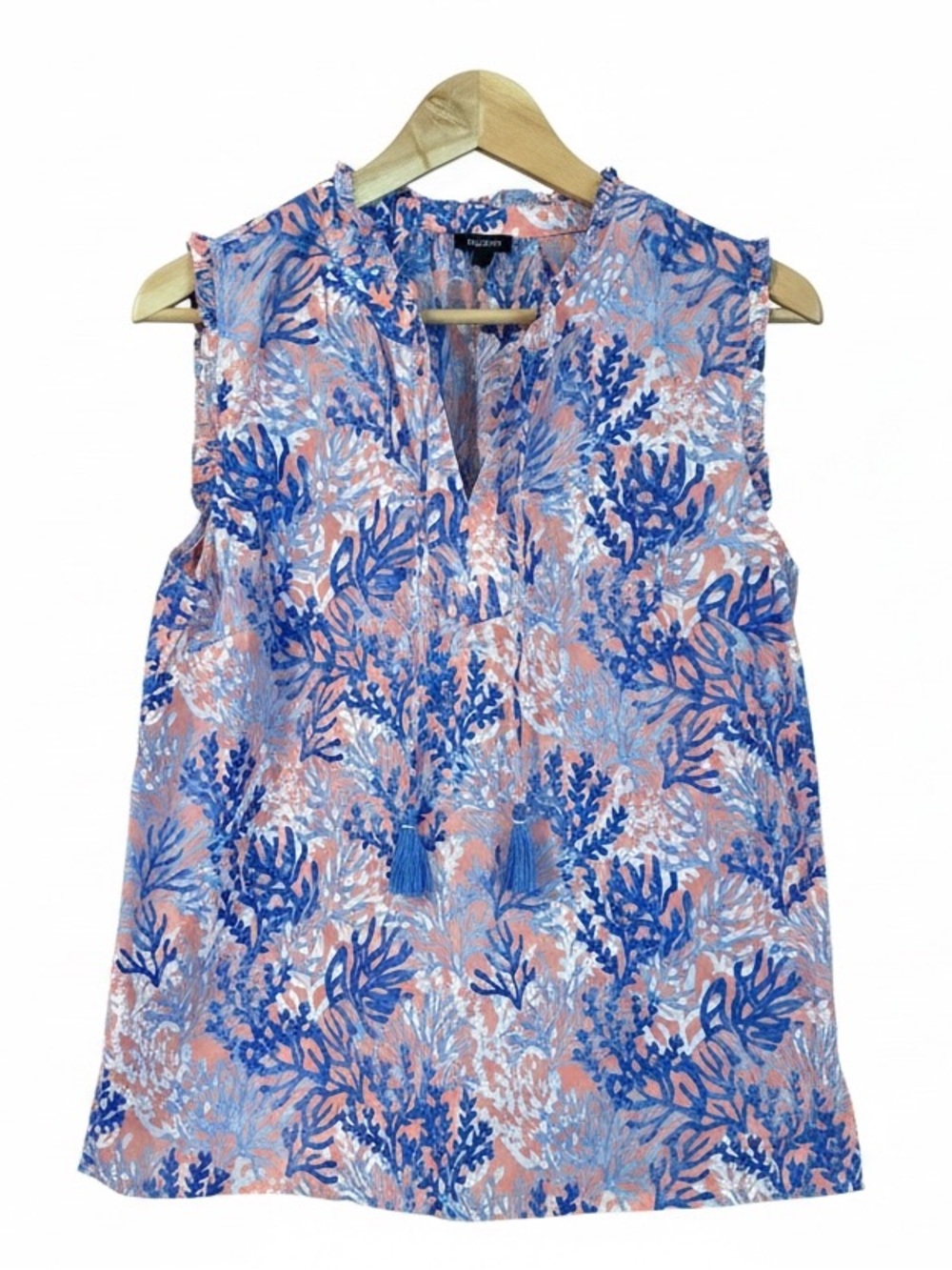 Talbots Women’s Coral & Blue Tassel Sleeveless Blouse Coastal Resortwear